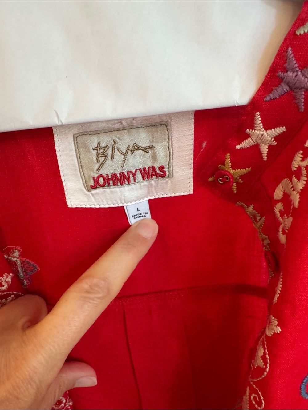 Johnny Was Red Embroidered V-Neck Tunic with Multicolor Motifs -L - Picture 2 of 6